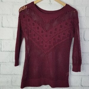American Eagle Outfitters Womens Open Knit Crochet Boho Burgundy Sweater Size XS